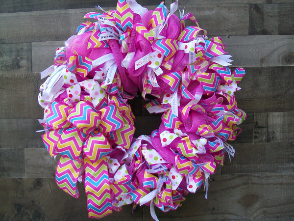 Jesus Loves Me Pink Spring Deco Mesh Front Door Wreath with Chevron Bow