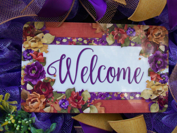 Purple Gold Mesh Wreath Welcome Plaque Floral Bouquet