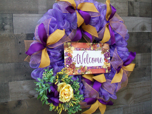 Purple Gold Mesh Wreath Welcome Plaque Floral Bouquet
