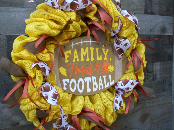 Gold Orange Brown Football Fall Burlap Front Door Wreath