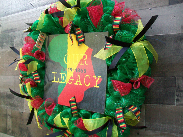 Red Green Gold Black Juneteenth African American Mesh Front Door Wreath