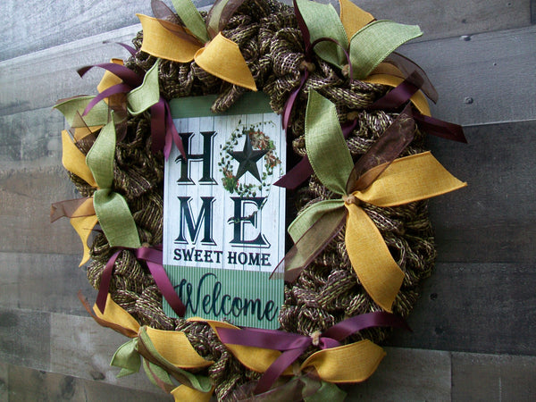 Home Sweet Home Welcome Mesh Round Country Farmhouse Front Door Wreath