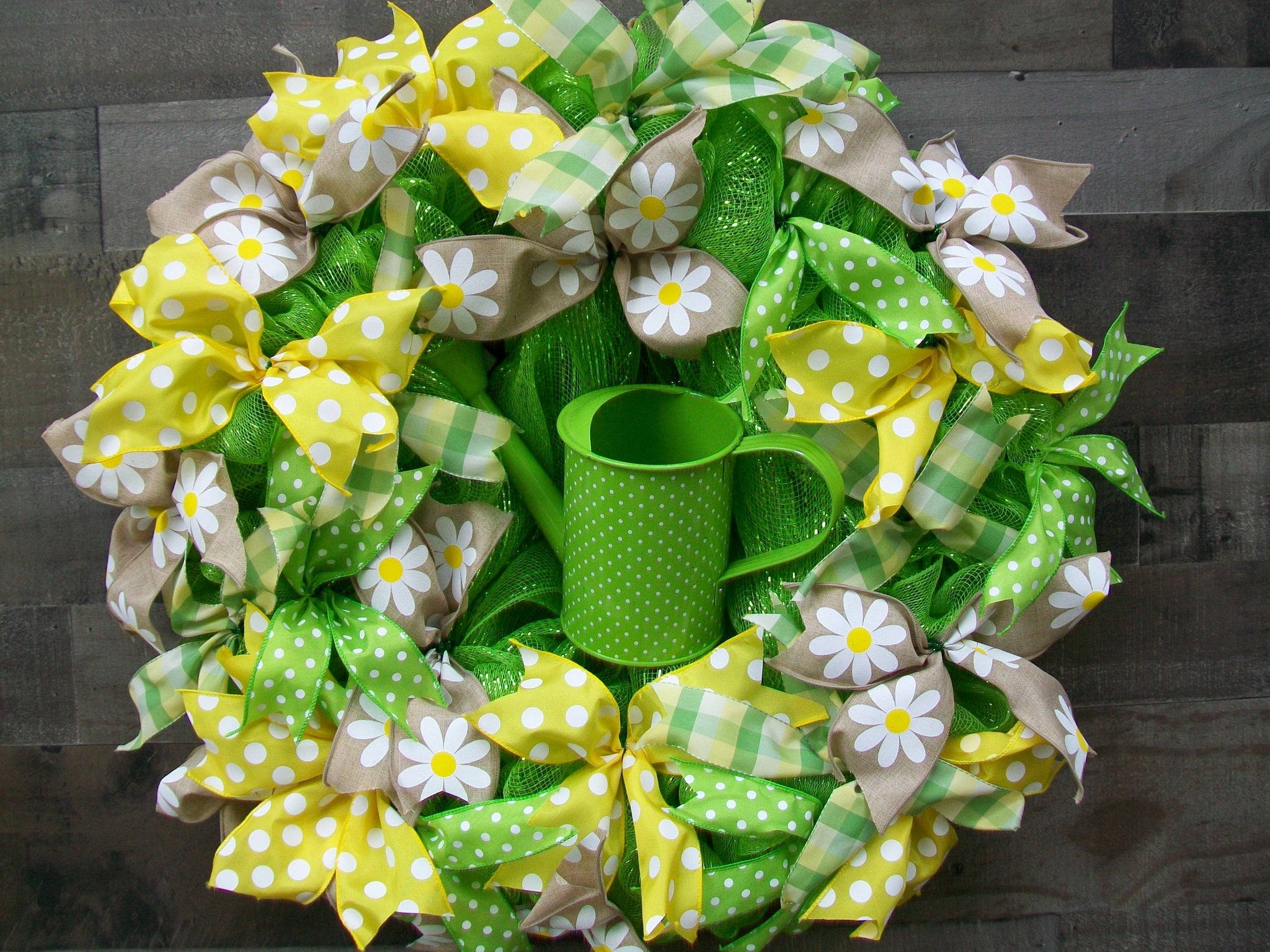 Bright Lime Green Yellow Spring Front Door Wreath with Watering Can