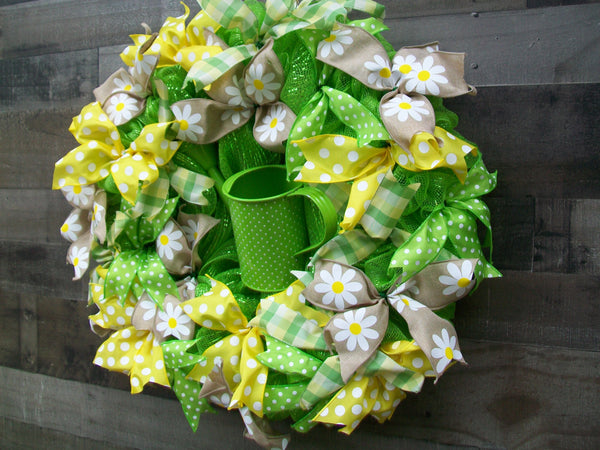 Bright Lime Green Yellow Spring Front Door Wreath with Watering Can