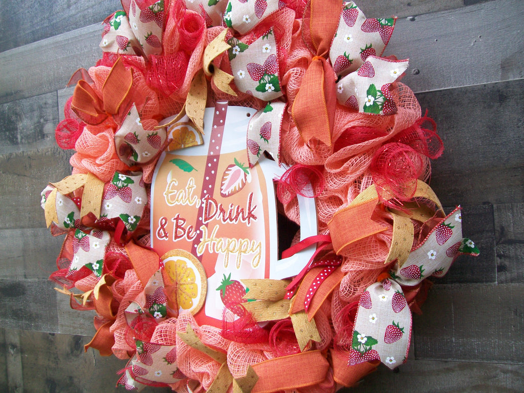 Eat Drink Be Happy Red Orange Strawberry Ribbon Deco Mesh Front