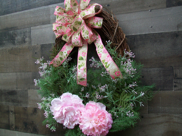 Pink & Green Spring Oval Grapevine Front Door Wreath with Large Bow