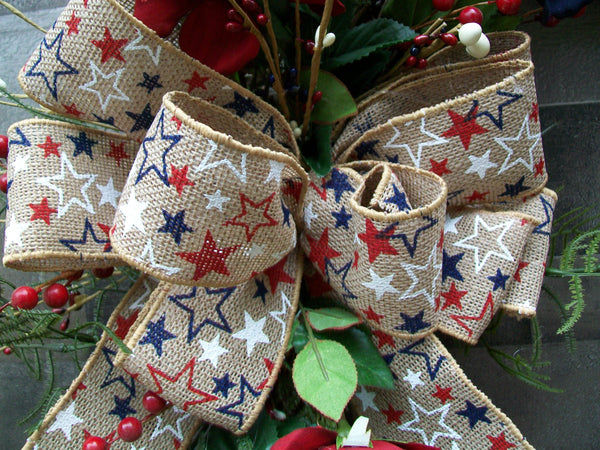 Red White & Blue Patriotic 4th of July Grapevine Wreath with Burlap Bow