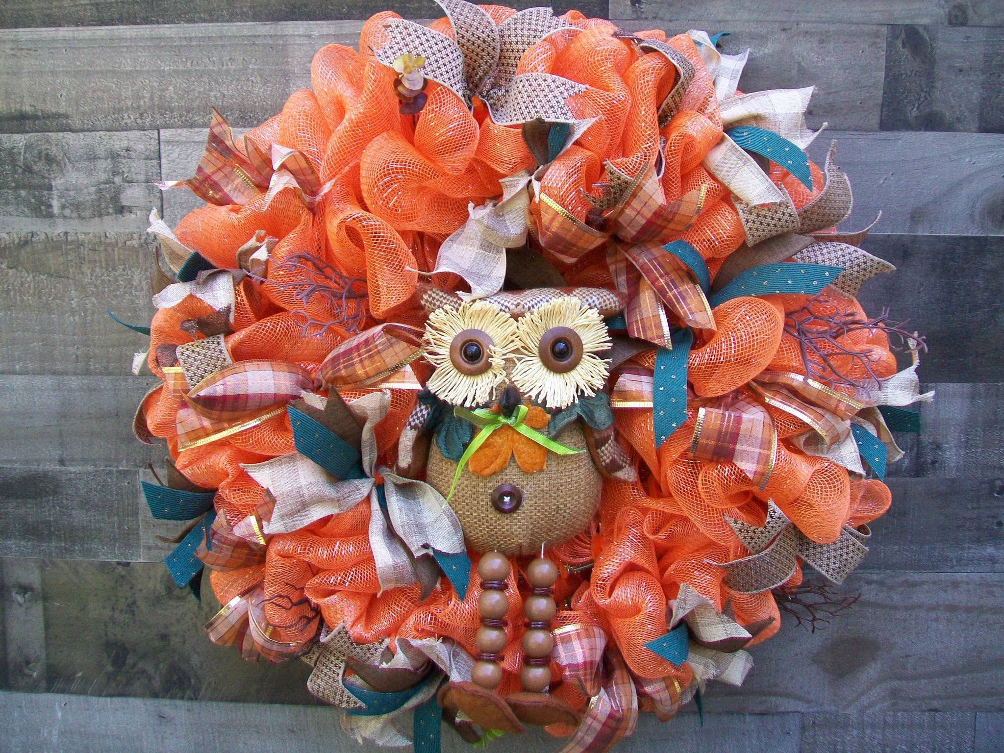 Fall Autumn Orange Mesh with Owl Front Door Wreath