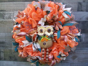 Fall Autumn Orange Mesh with Owl Front Door Wreath