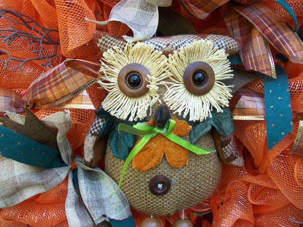 Fall Autumn Orange Mesh with Owl Front Door Wreath