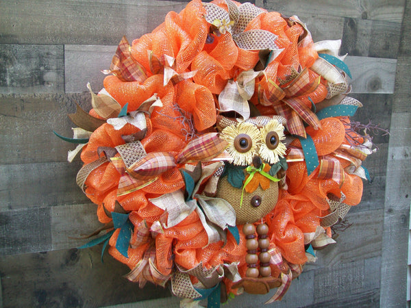 Fall Autumn Orange Mesh with Owl Front Door Wreath