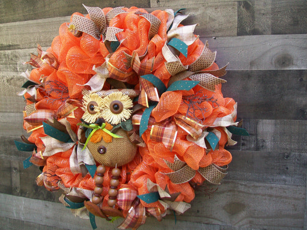 Fall Autumn Orange Mesh with Owl Front Door Wreath