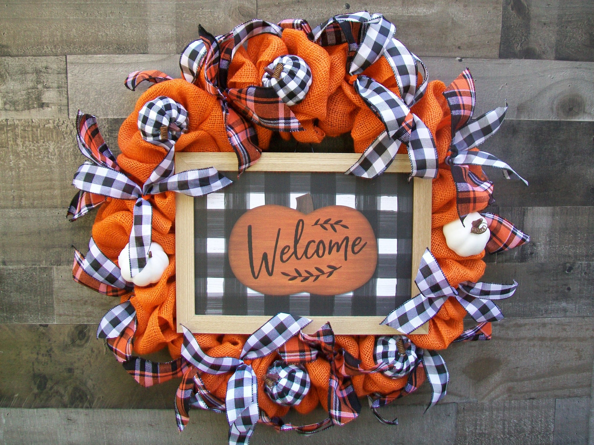 Welcome Buffalo Plaid Fall Autumn Thanksgiving Pumpkin Burlap Wreath
