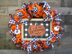 Welcome Buffalo Plaid Fall Autumn Thanksgiving Pumpkin Burlap Wreath
