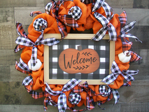 Welcome Buffalo Plaid Fall Autumn Thanksgiving Pumpkin Burlap Wreath