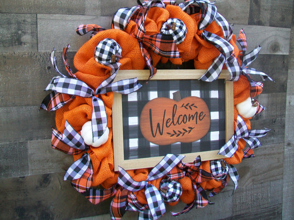 Welcome Buffalo Plaid Fall Autumn Thanksgiving Pumpkin Burlap Wreath