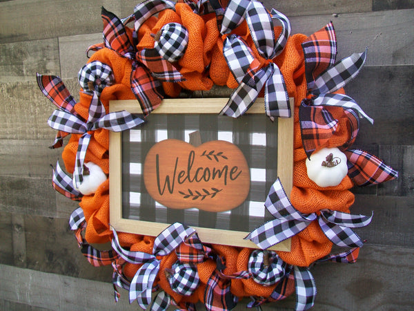 Welcome Buffalo Plaid Fall Autumn Thanksgiving Pumpkin Burlap Wreath