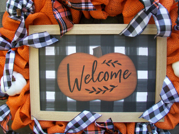 Welcome Buffalo Plaid Fall Autumn Thanksgiving Pumpkin Burlap Wreath