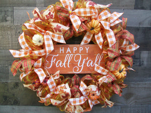 Happy Fall Yall Country Farmhouse Orange Deco Mesh Pumpkin Wreath