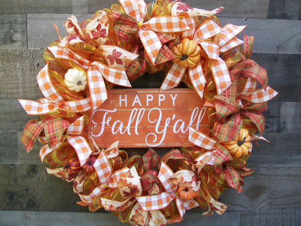 Happy Fall Yall Country Farmhouse Orange Deco Mesh Pumpkin Wreath