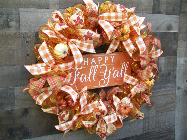 Happy Fall Yall Country Farmhouse Orange Deco Mesh Pumpkin Wreath