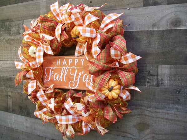 Happy Fall Yall Country Farmhouse Orange Deco Mesh Pumpkin Wreath