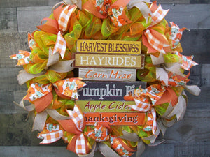 Thanksgiving Orange & Green Fall Harvest Deco Mesh Front Door Wreath