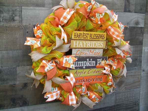 Thanksgiving Orange & Green Fall Harvest Deco Mesh Front Door Wreath