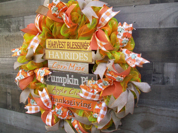 Thanksgiving Orange & Green Fall Harvest Deco Mesh Front Door Wreath