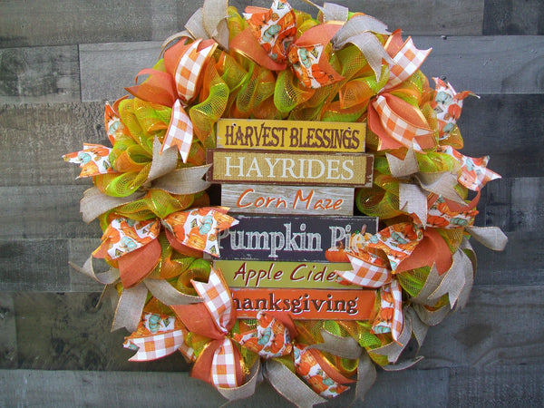 Thanksgiving Orange & Green Fall Harvest Deco Mesh Front Door Wreath