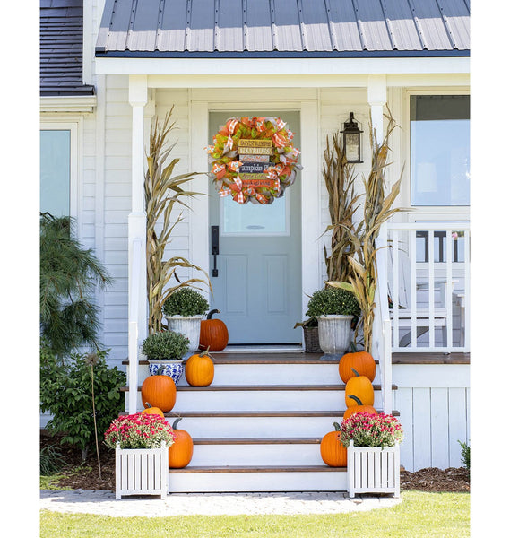 Thanksgiving Orange & Green Fall Harvest Deco Mesh Front Door Wreath