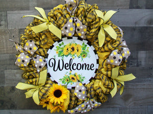 Yellow & Black Sunflower Welcome Deco Mesh Fall Autumn Wreath