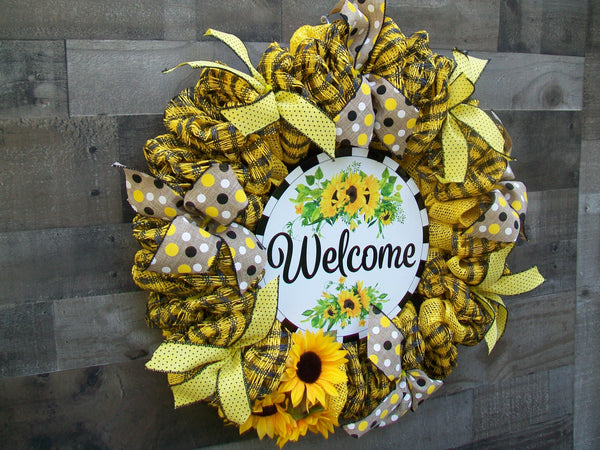 Yellow & Black Sunflower Welcome Deco Mesh Fall Autumn Wreath