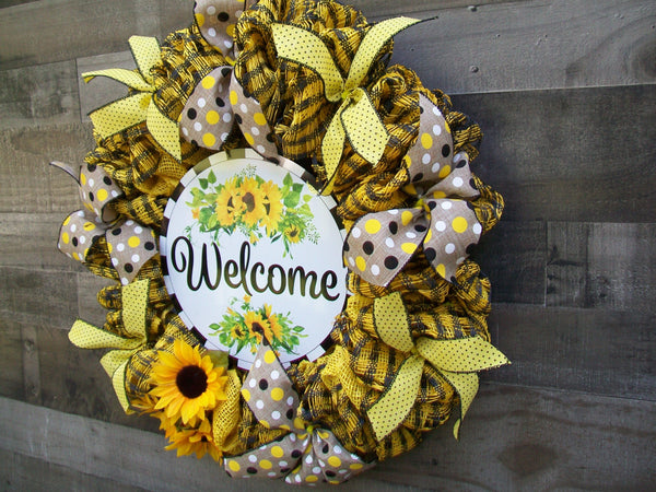 Yellow & Black Sunflower Welcome Deco Mesh Fall Autumn Wreath