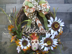 Fall Autumn Thanksgiving Oval Grapevine Sunflower Owl Front Door Wreath