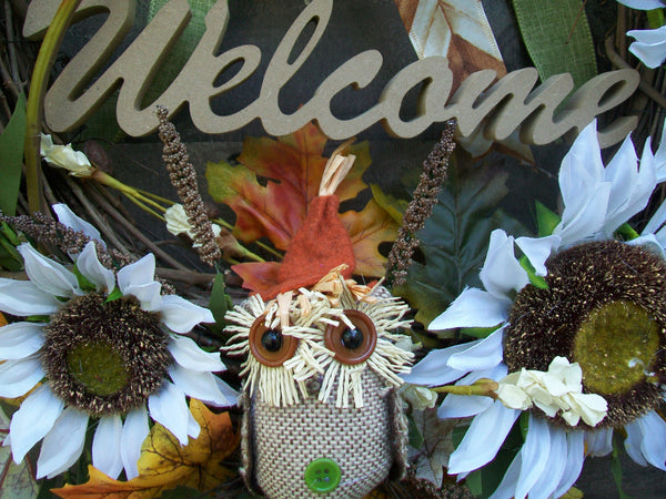 Fall Autumn Thanksgiving Oval Grapevine Sunflower Owl Front Door Wreath