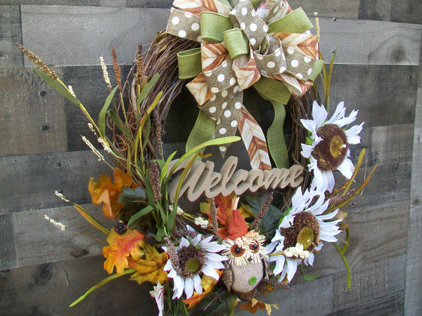 Fall Autumn Thanksgiving Oval Grapevine Sunflower Owl Front Door Wreath