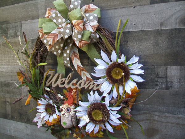 Fall Autumn Thanksgiving Oval Grapevine Sunflower Owl Front Door Wreath