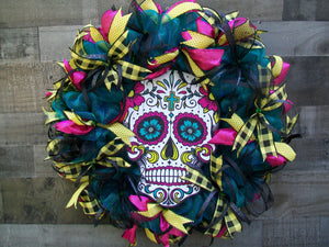 Halloween Glittered Skull Multicolored Mesh Wreath Large 24 Inch