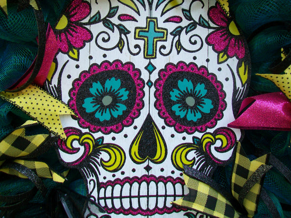 Halloween Glittered Skull Multicolored Mesh Wreath Large 24 Inch