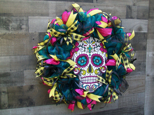 Halloween Glittered Skull Multicolored Mesh Wreath Large 24 Inch