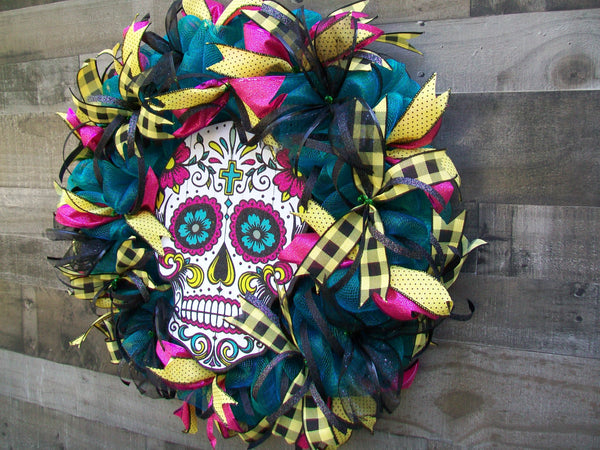 Halloween Glittered Skull Multicolored Mesh Wreath Large 24 Inch