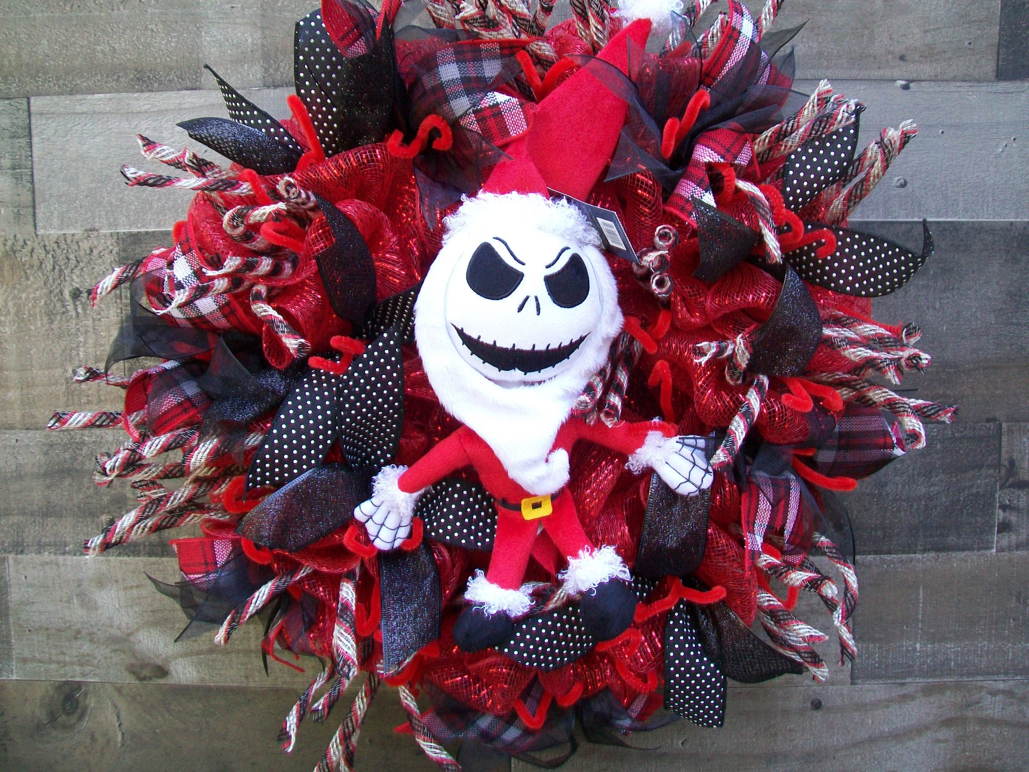 Nightmare Before Christmas Red & Black Mesh Wreath with Suffed Skeleton