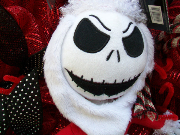 Nightmare Before Christmas Red & Black Mesh Wreath with Suffed Skeleton