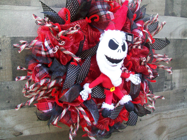 Nightmare Before Christmas Red & Black Mesh Wreath with Suffed Skeleton