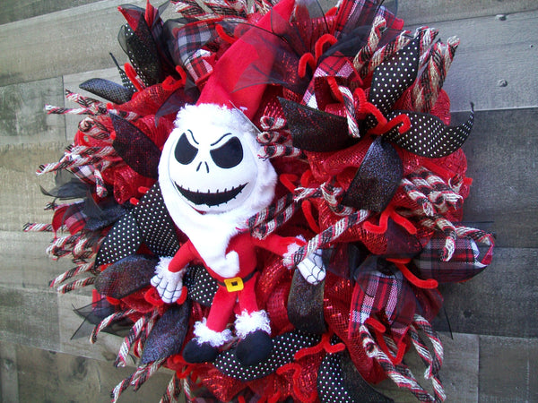 Nightmare Before Christmas Red & Black Mesh Wreath with Suffed Skeleton