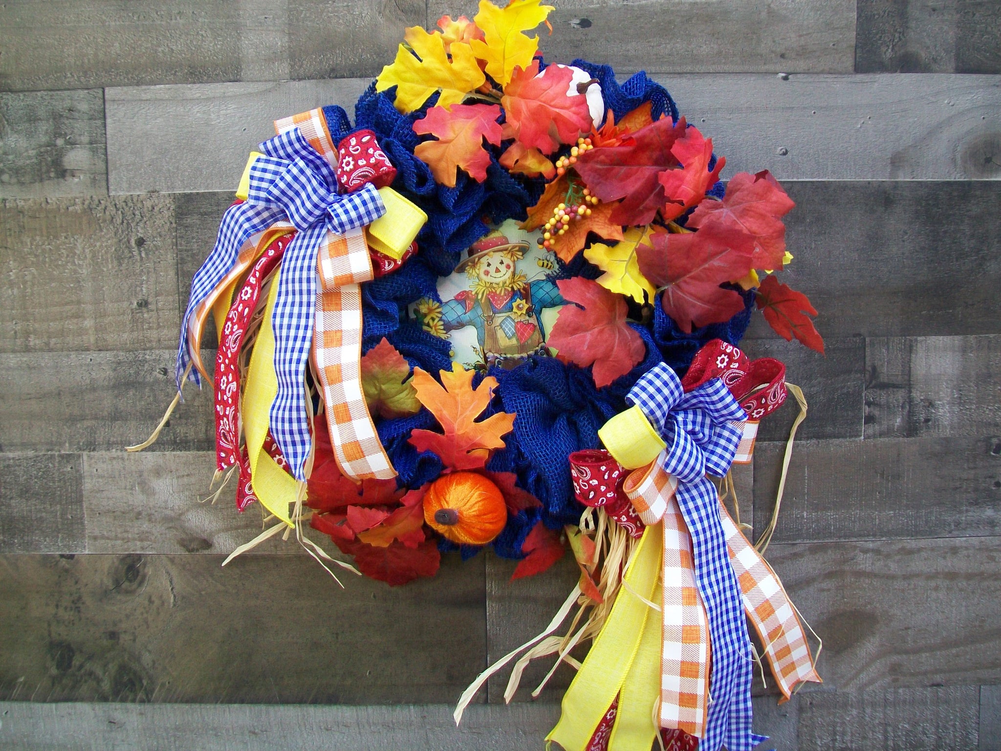 Fall Harvest Scarecrow Mesh Front Door Wreath with Bows