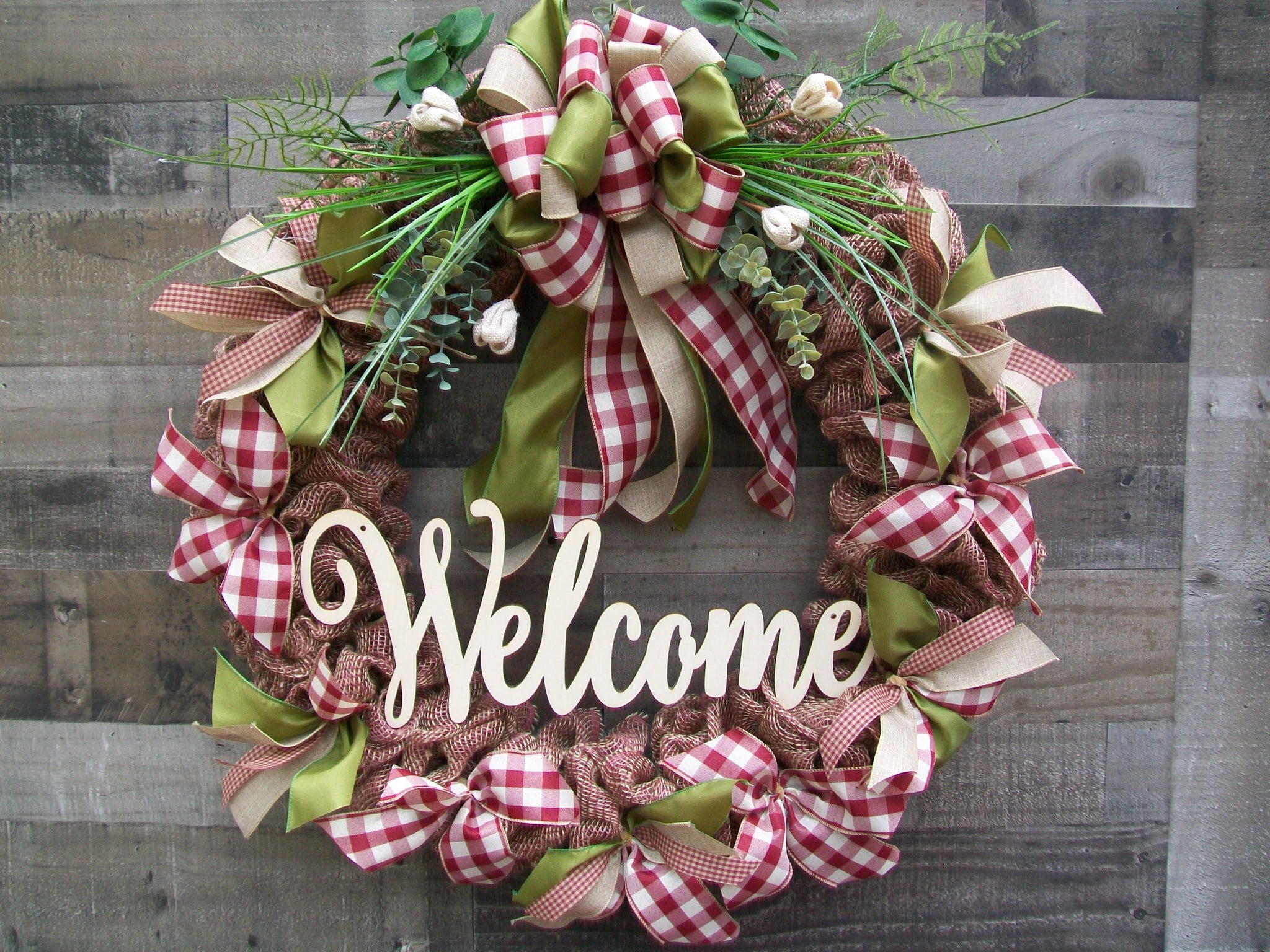 Large Burgandy & Beige Welcome All Occasion Country Farmhouse Wreath