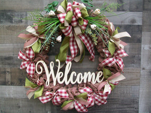 Large Burgandy & Beige Welcome All Occasion Country Farmhouse Wreath