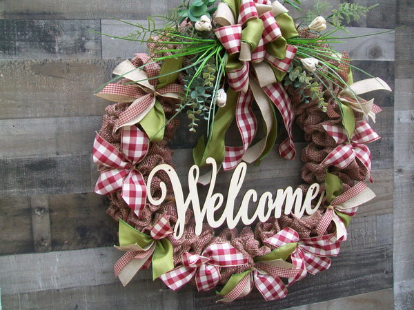Large Burgandy & Beige Welcome All Occasion Country Farmhouse Wreath
